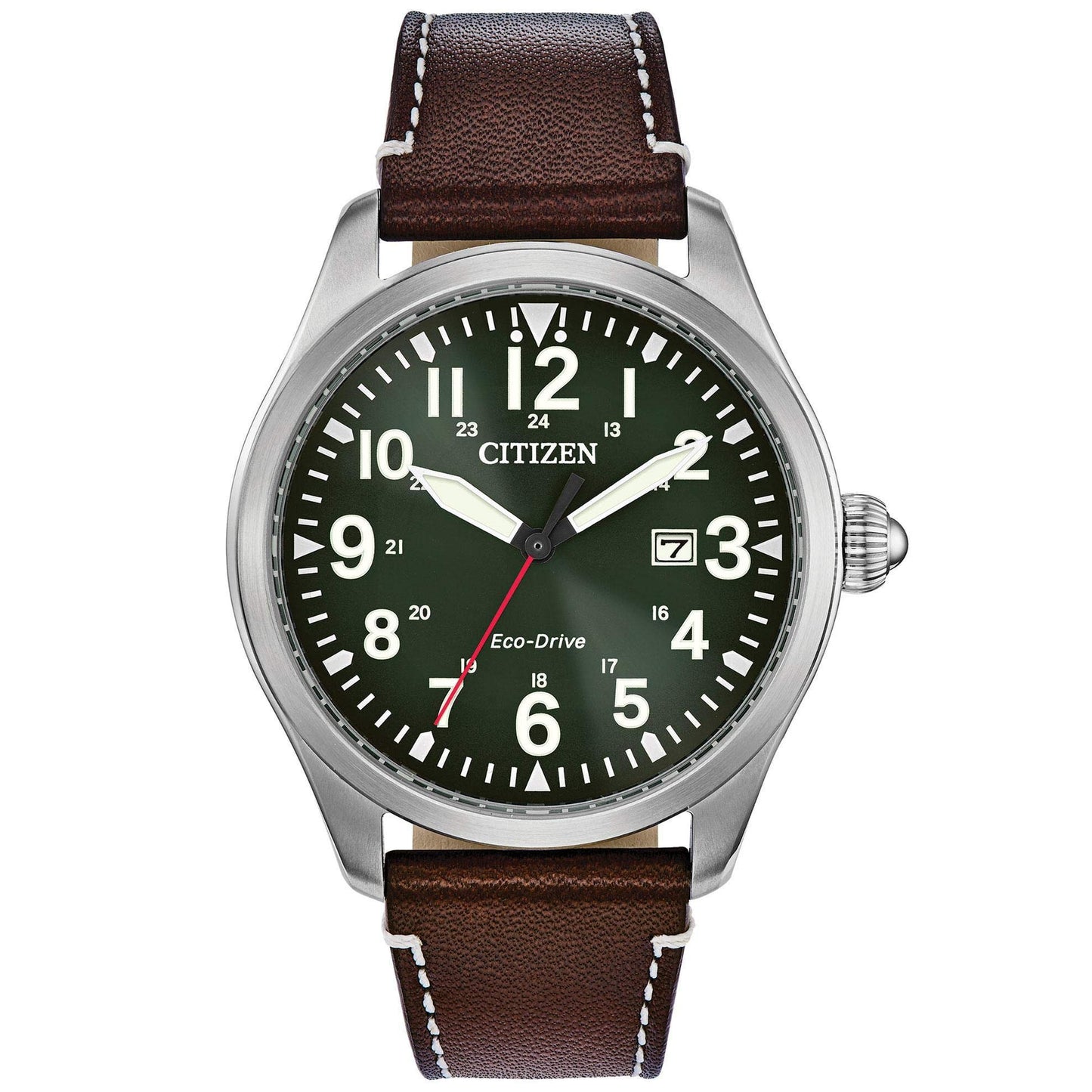 HOTCitizen Men's Sport Casual Garrison 3-Hand Date Eco-Drive Leather Strap Watch, Arabic Markers, Stainless Steel, Field Watch