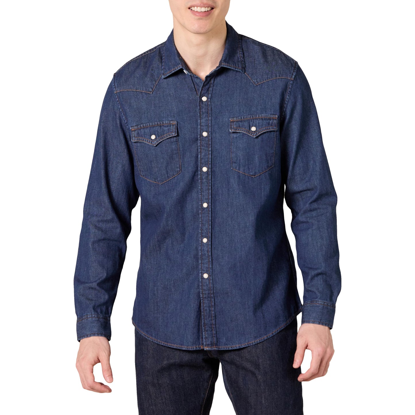 HOTAmazon Essentials Men's Slim-Fit Long-Sleeve Denim Western Style Cotton Shirt with Snap Buttons, Lightweight