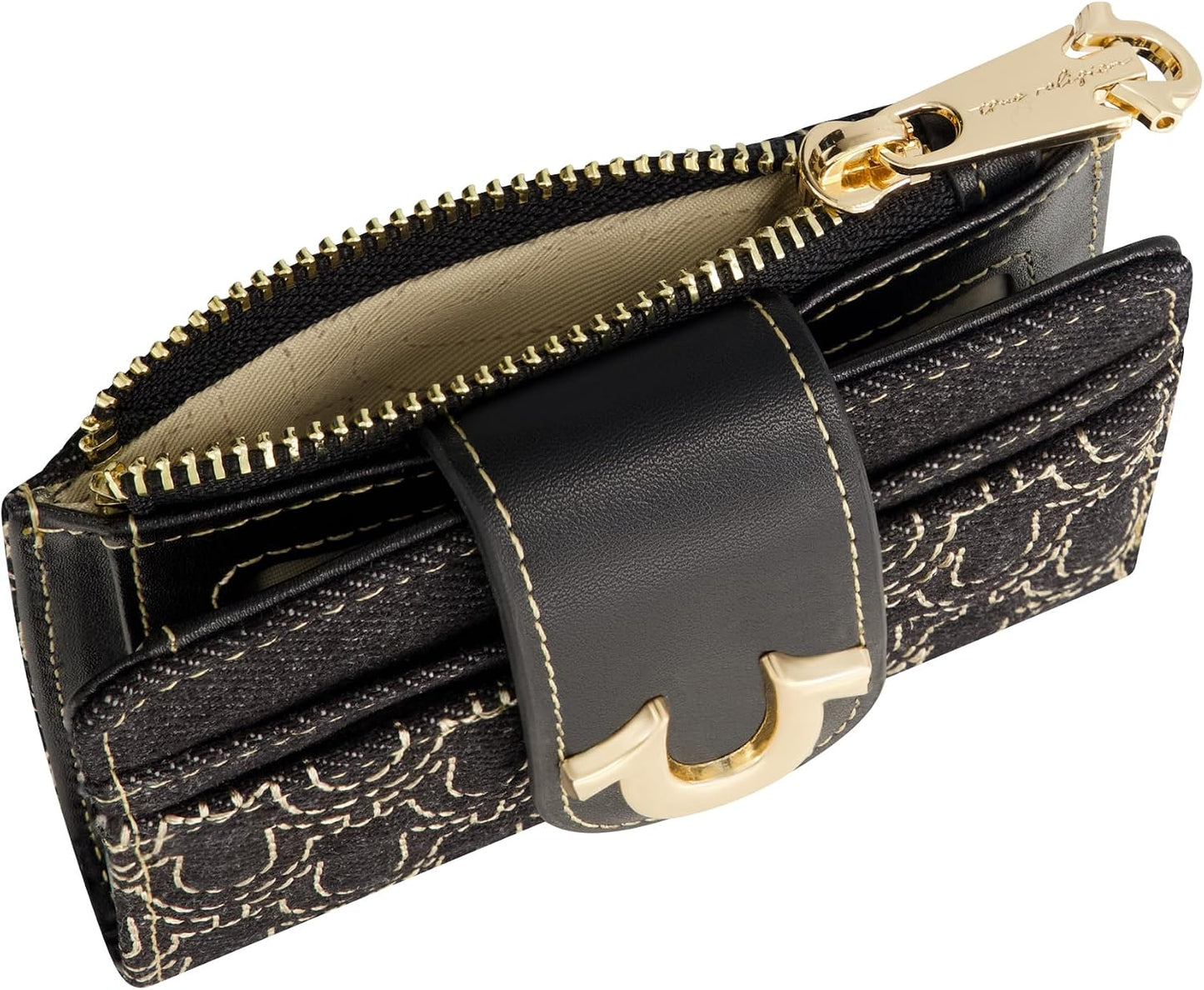 HOTTrue Religion Women's Mini Wallet, Black, One Size | Horseshoe Logo Small Compact Clutch Purse