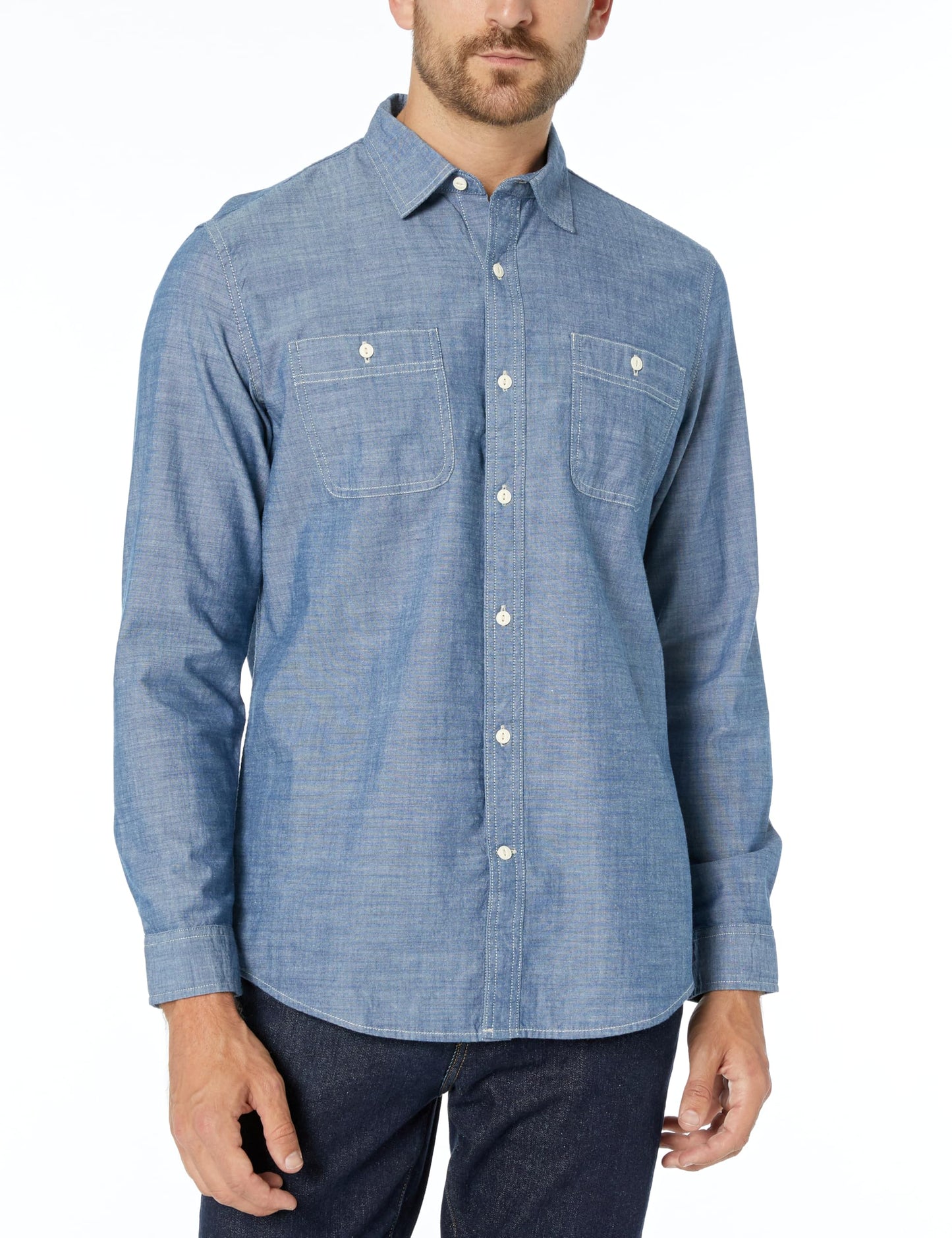 HOTAmazon Essentials Men's Regular-Fit Long-Sleeve Lightweight Cotton Chambray Shirt with Pockets