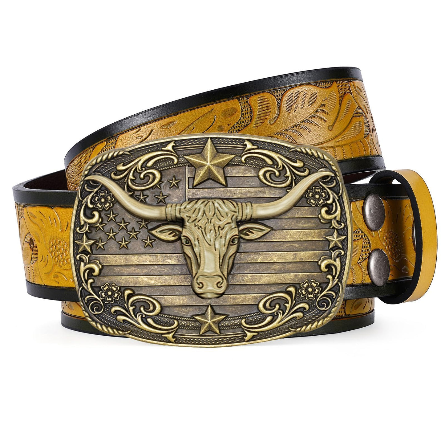 HOTSANSTHS Western Cowboy Belts for Men Women, Mens Western Belt Bull Buckle Country Belt Cowboy Leather Belt for Jeans