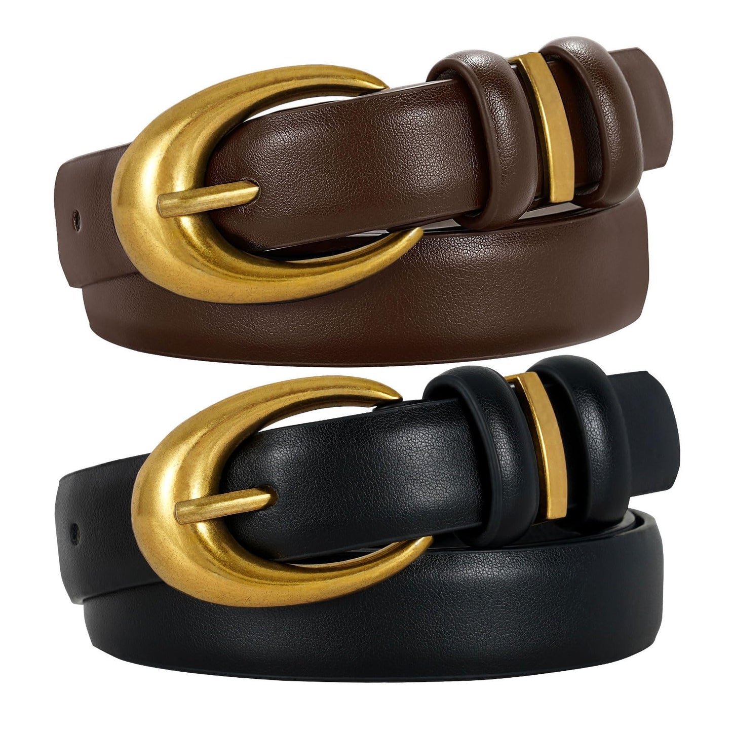 HOTTRIWORKS 2 Pack Women Leather Belt for Jeans Pants Fashion Ladies Faux Leather Belt with Gold Buckle