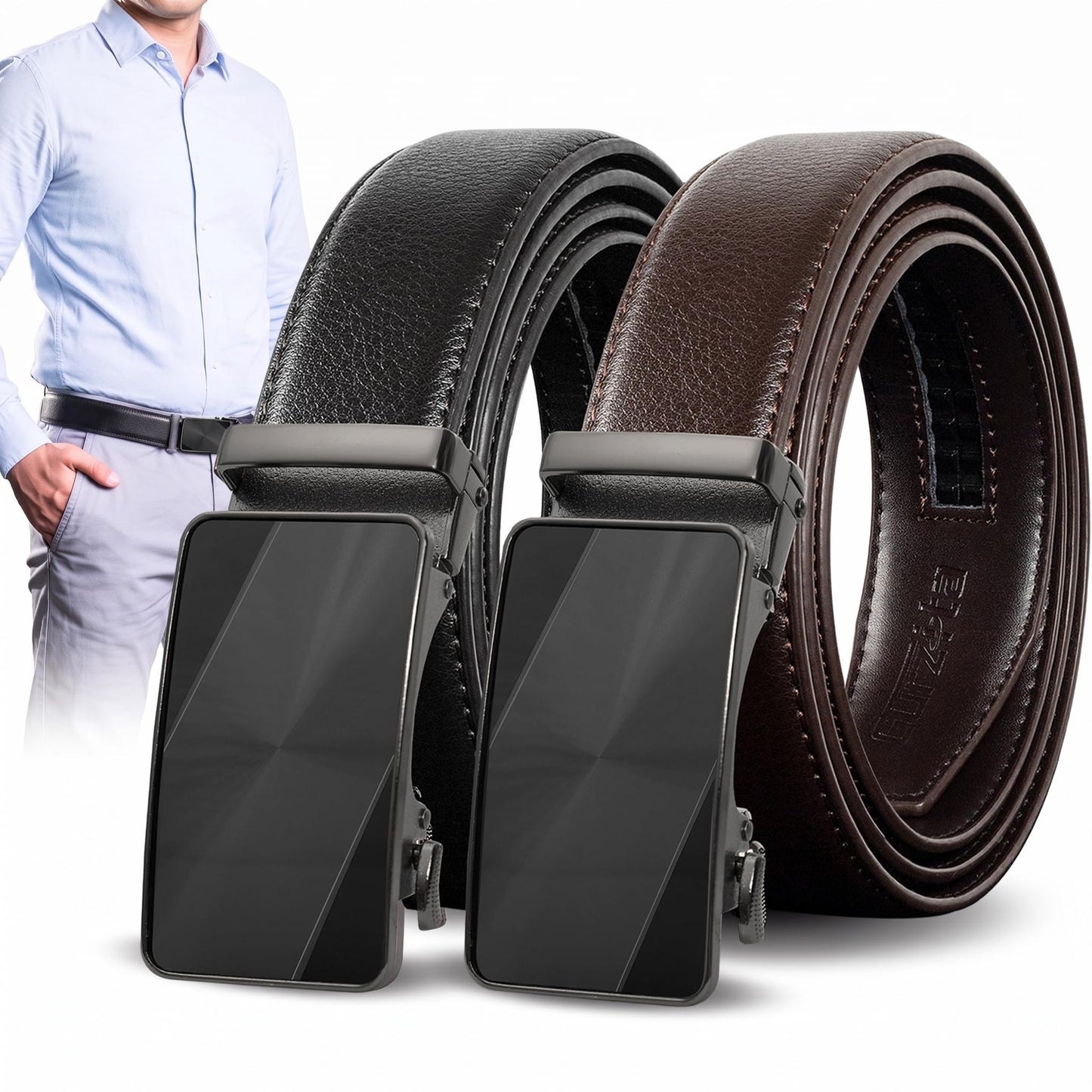 HOTMen's Leather Ratchet Belt 2 Pack,Adjustable Ratcheting Dress Belt | 1 3/8" Ratcheting Belt,Holeless Design, 1/5" Micro-Adjustments,Trim to Fit,Easy One-Hand Release with Gift Box