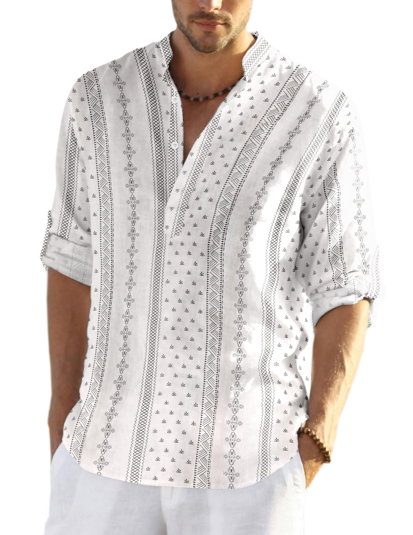 HOTCOOFANDY Men's Cotton Linen Henley T-Shirt Long Sleeve Hippie Casual Beach T-Shirts