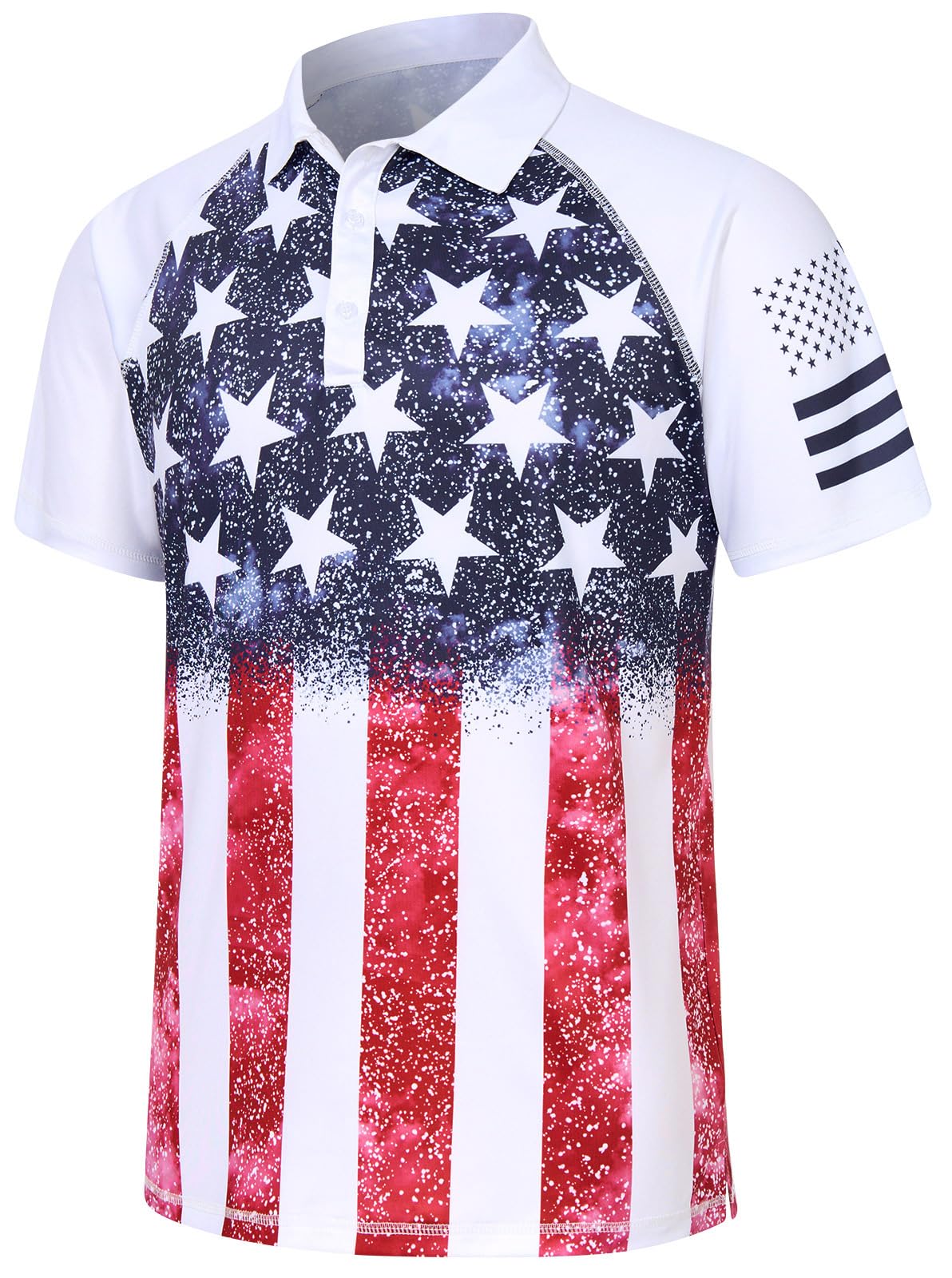 HOTRAISEVERN Mens American Flag Print Golf Polo Shirt Patriotic Raglan Sleeve Tees