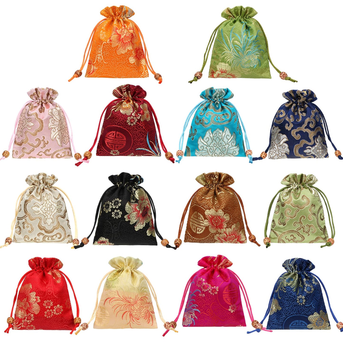 HOTkilofly 14 pc Silk Brocade Jewelry Bag Double Layer Drawstring Coin Gift Pouch