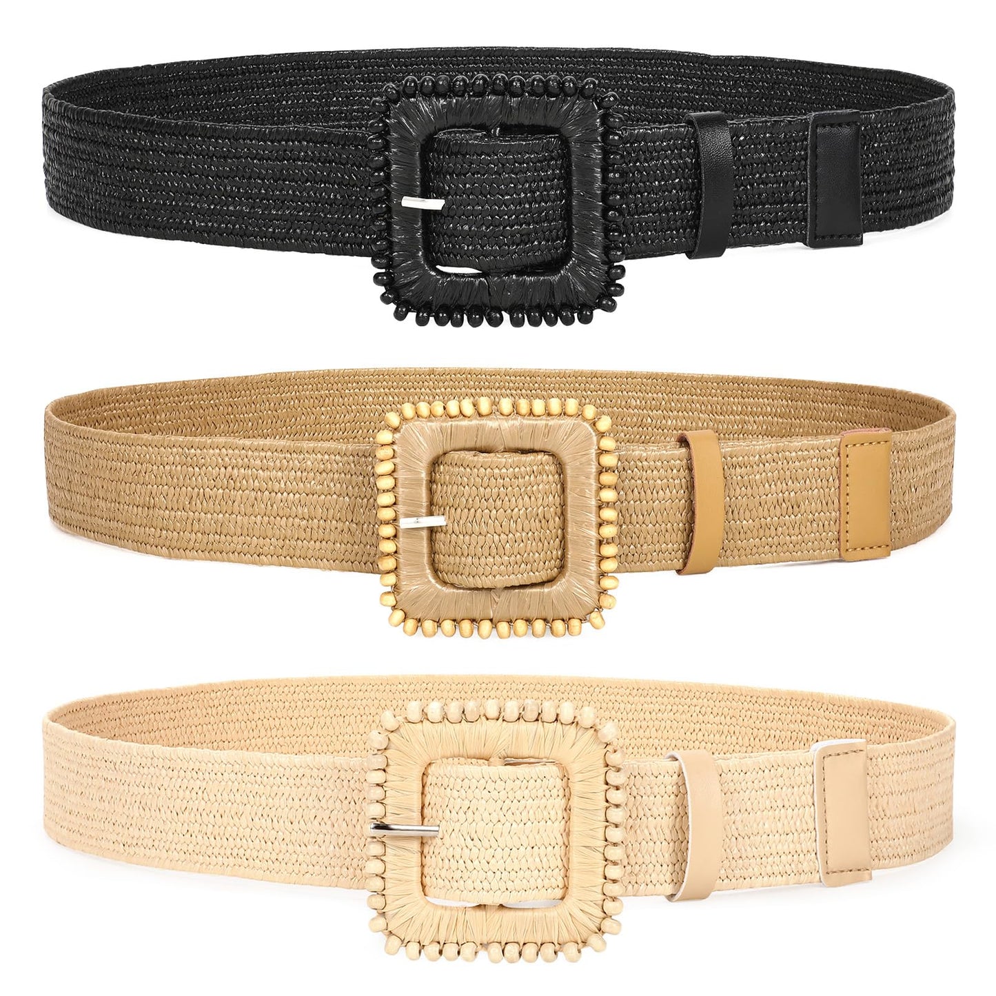 HOTWHIPPY 3 Packs Women Straw Woven Elastic Stretch Waist Belts Fashion Boho Braided Skinny Ladies Dress Belt