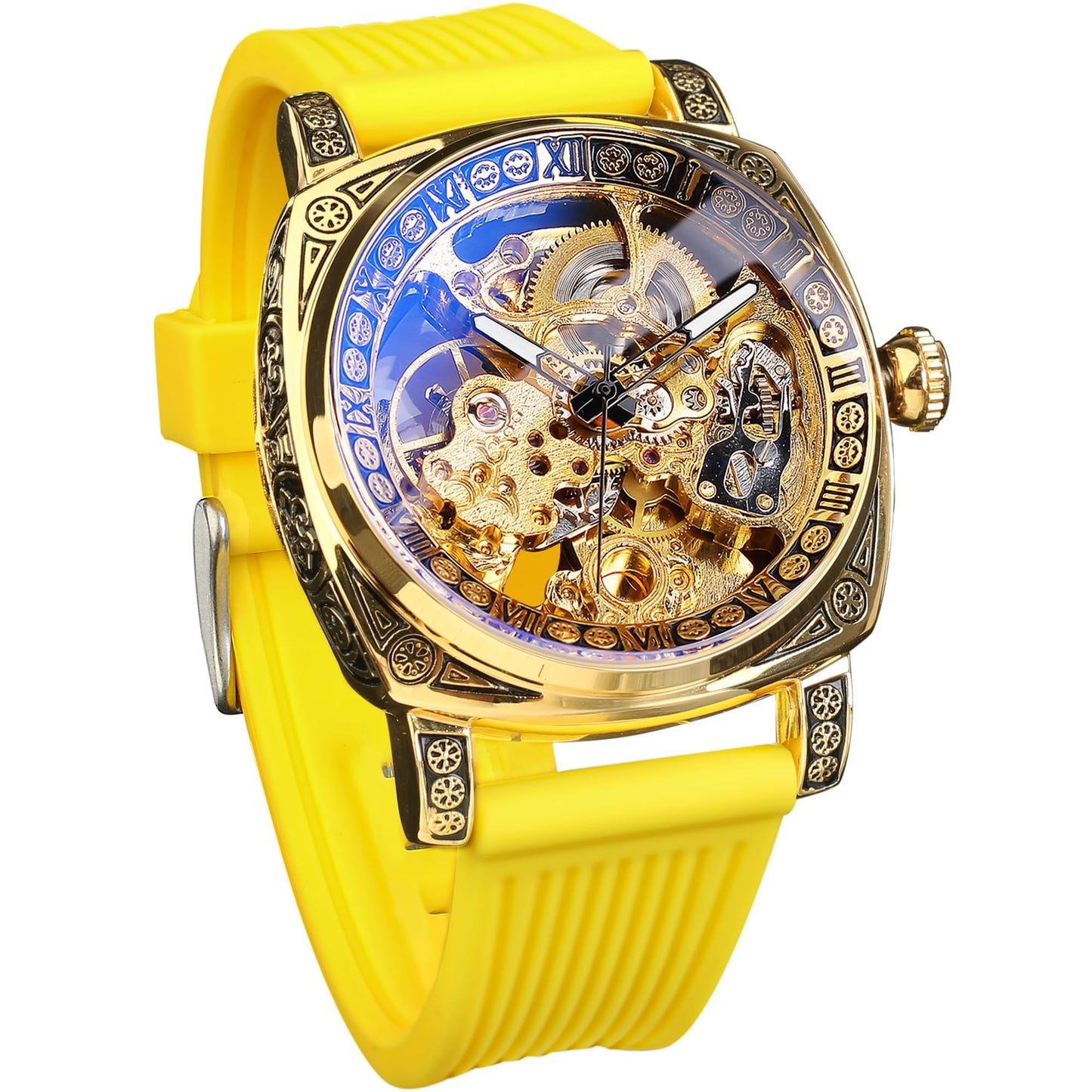 HOTFORSINING Watches for Man, Square Retro Mechanical Watch Self-Wind Carved, Skeleton Automatic Watches Vintage Leather Strap Wristwatch