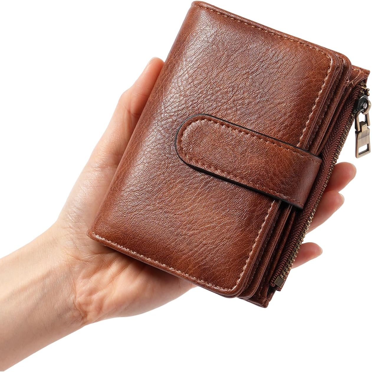 HOTGOIACII Small Wallet Women RFID Blocking Trifold Clutch Ladies Credit Card Holder Zipper Pocket Wallets for Women Brown