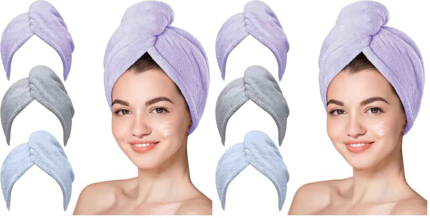 HOTHicober Microfiber Hair Towel Wrap, Fast Drying Hair Towels for Women, Soft Lightweight Quick Dry Turban for Curly & Long Hair–3 Pack(Blue/Grey/Pink)