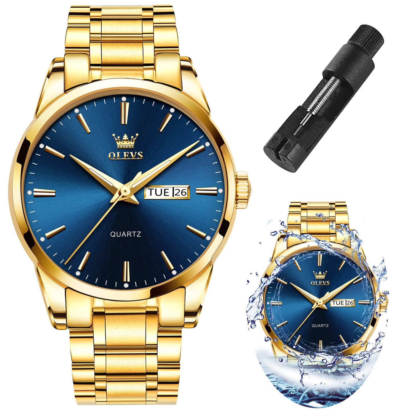 HOTOLEVS Mens Watches Luxury Waterproof Luminous Easy Read Chronograph Watches Full Gold/White Dail/Black Face with Calendar Wrist Watches