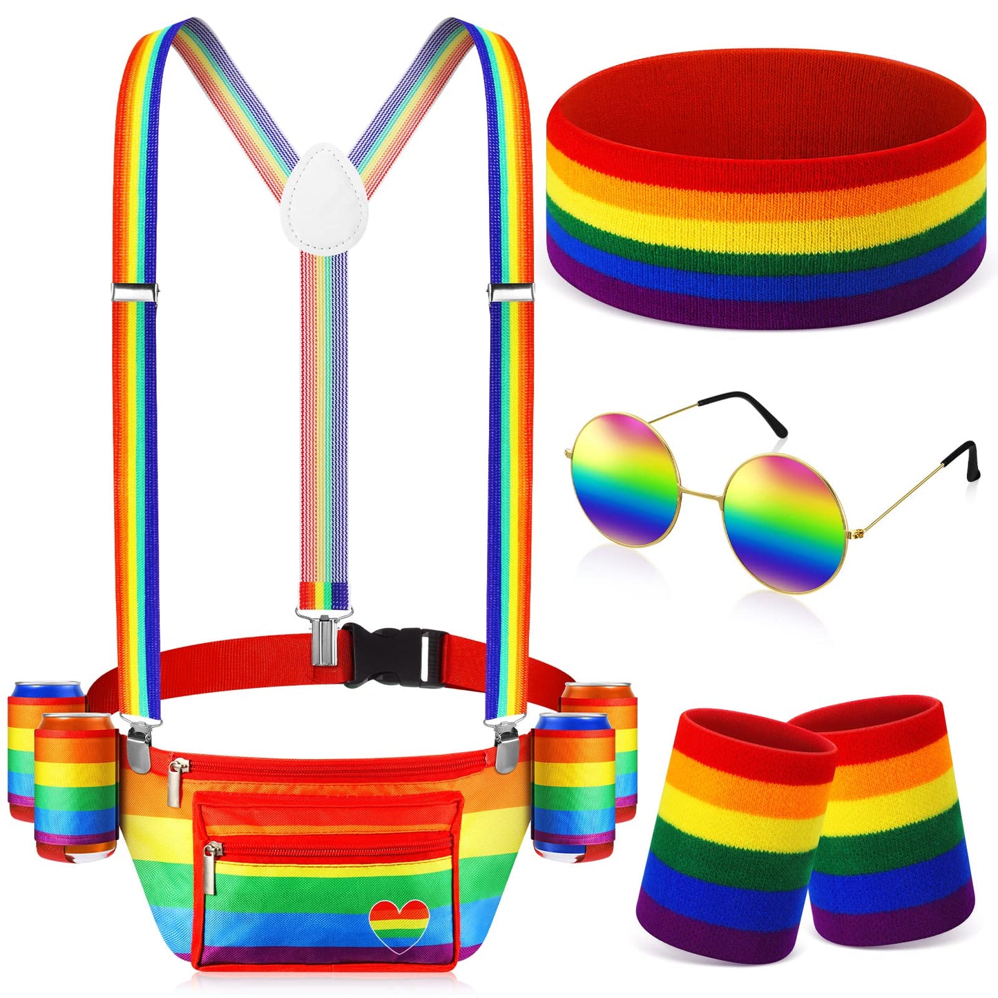 HOTSweetude 4th of July Fanny Pack America Flag Patriotic Outfit Set 250 Years Beverage Beer Belt Costume Set Accessories with USA Drink Holder Sunglasses Striped Sweatband