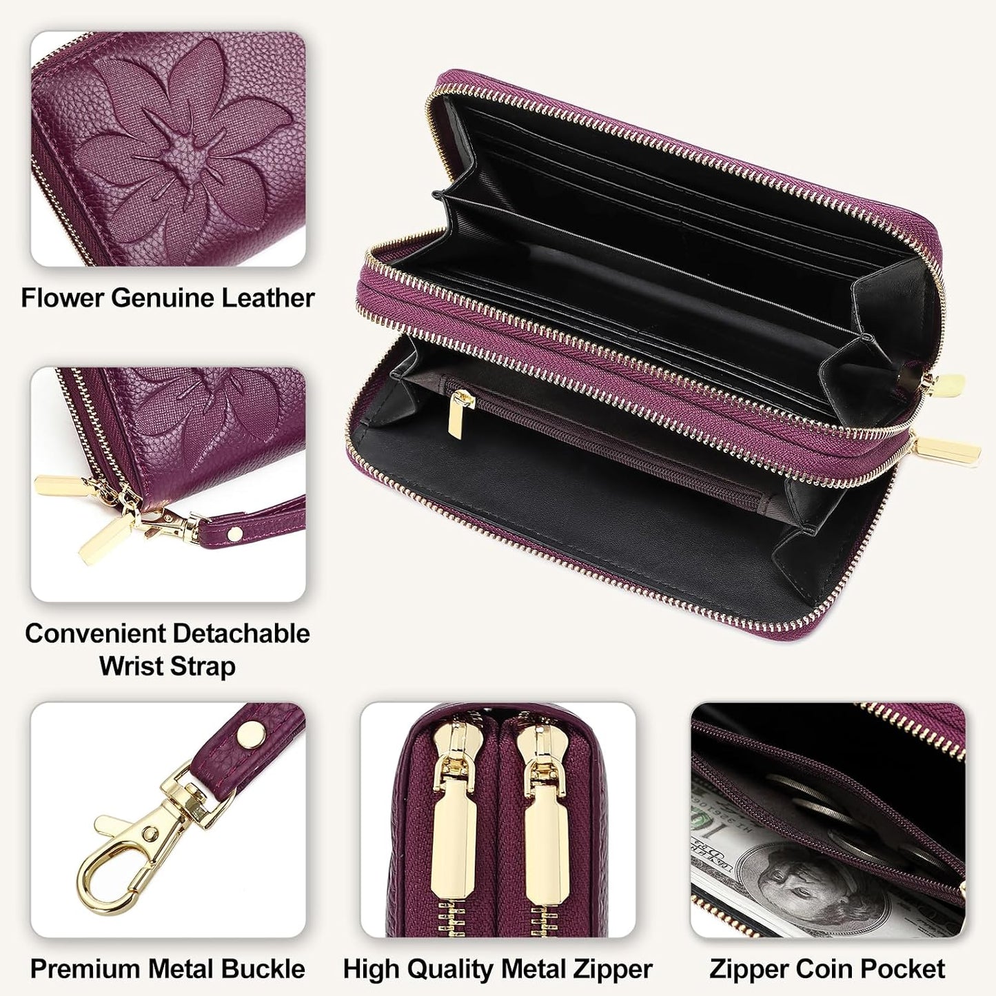 HOTMoraMok Genuine Leather Wallet for Women, Large Capacity Credit Card Holder Wallet with RFID Blocking, Double Zipper Pocket, Phone Wristlet Purse (Dark Purple)