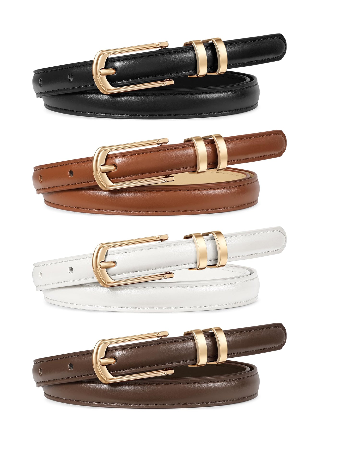 HOTWERFORU 4 Pack Women Skinny Leather Belt for Jean Pant Fashion Thin Waist Belt for Women Outfit Belt with Gold Buckle