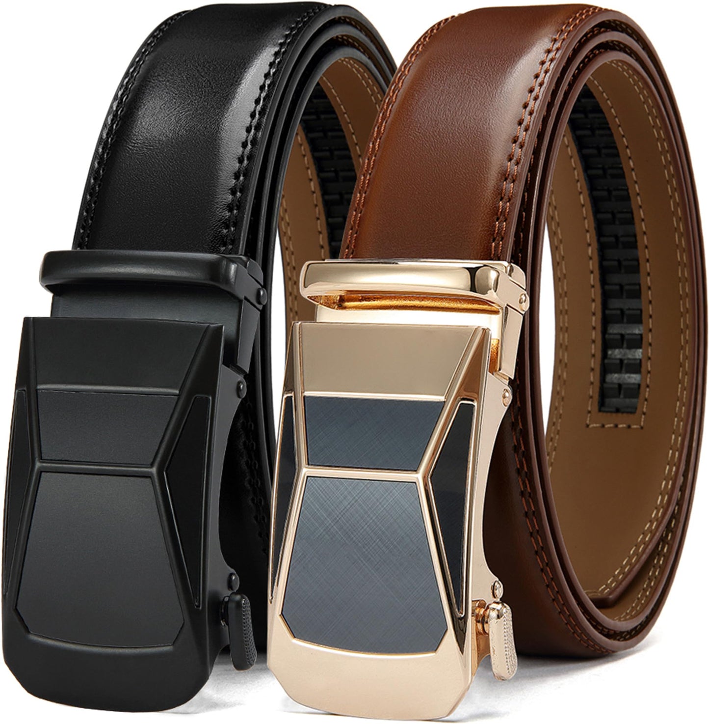HOTDOOPAI Men's Leather Ratchet Belts 2 Pack Adjustable Click Belt Set for Dress & Casual, Custom Fit 1 3/8" (35mm) -Trim to Fit