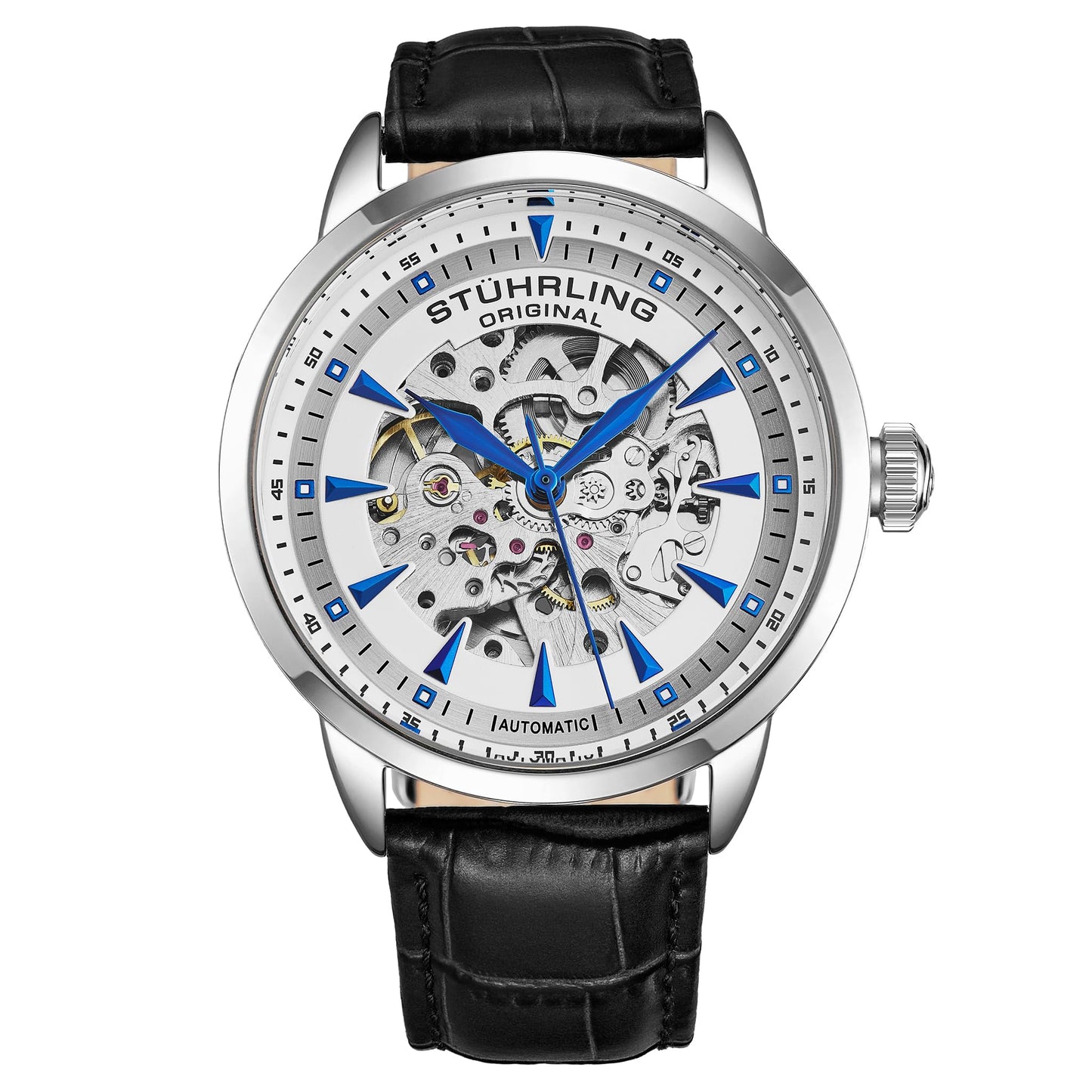 HOTStuhrling Original Mens Skeleton Automatic Dress Watch with Alligator Embossed Leather Strap Skeleton Dial