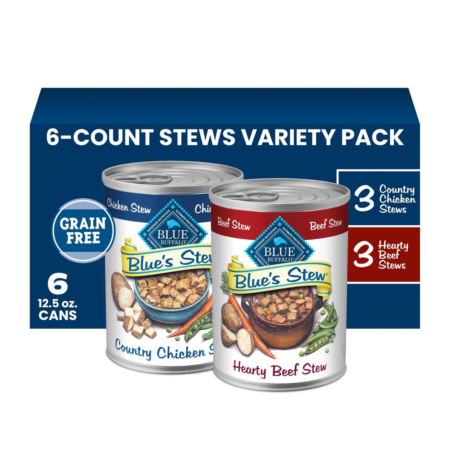 HOTBlue Buffalo Blue’s Stew Variety Pack Hearty Beef & Country Chicken Stew Natural Grain Free Wet Dog Food with Real Meat in Thick Savory Gravy, Natural Ingredients, 12.5-oz Cans (6 Count)