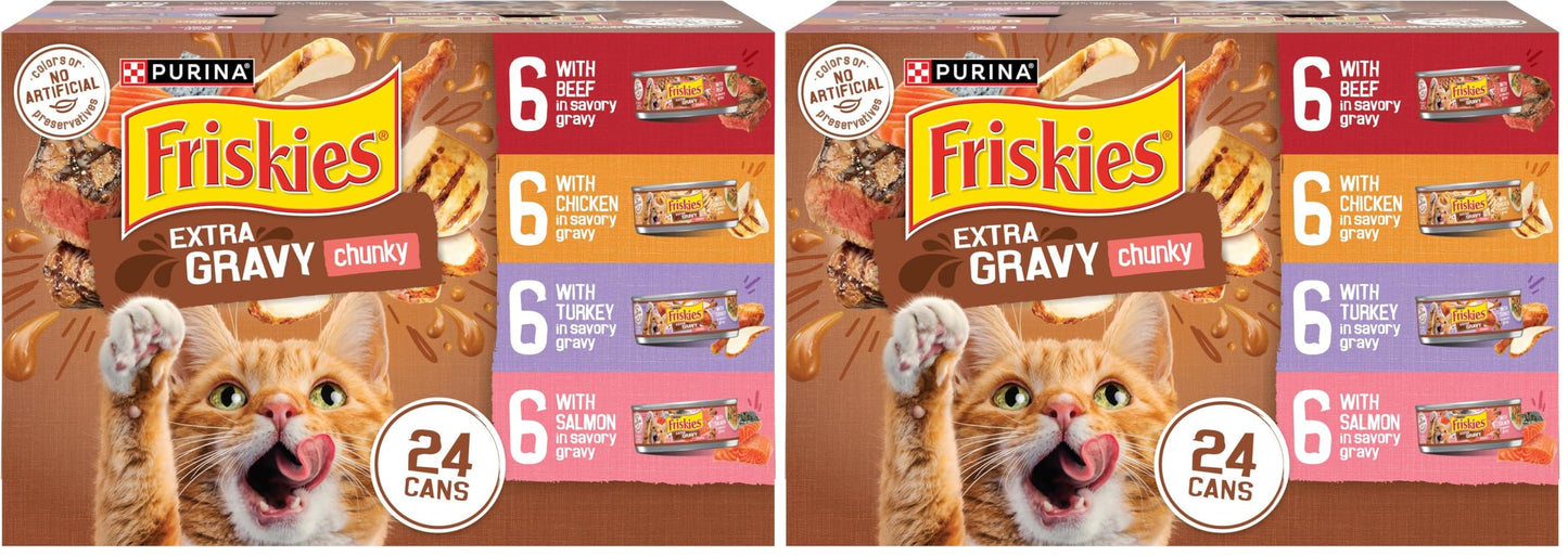 HOTPurina Friskies Extra Gravy Wet Cat Food Chunky 24ct Variety Pack (With Chicken, Turkey, Salmon, Beef) - (Pack of 24) 5.5 oz. Cans