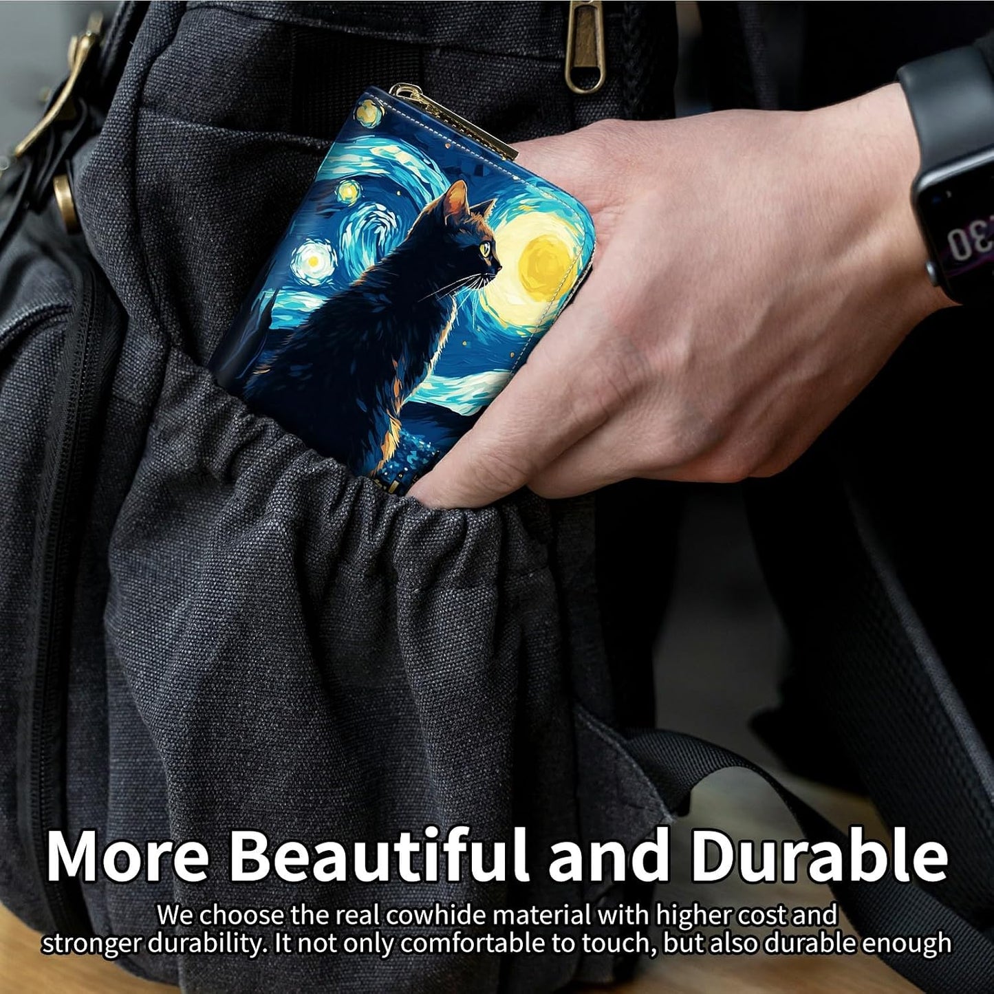HOTCat On Starry Night Credit Card Holder for Women with Zipper Small Credit Card Wallet PU Leather RFID Blocking Wallet Card Organizer Wallets Accordion Wallets Gift for Women or Men