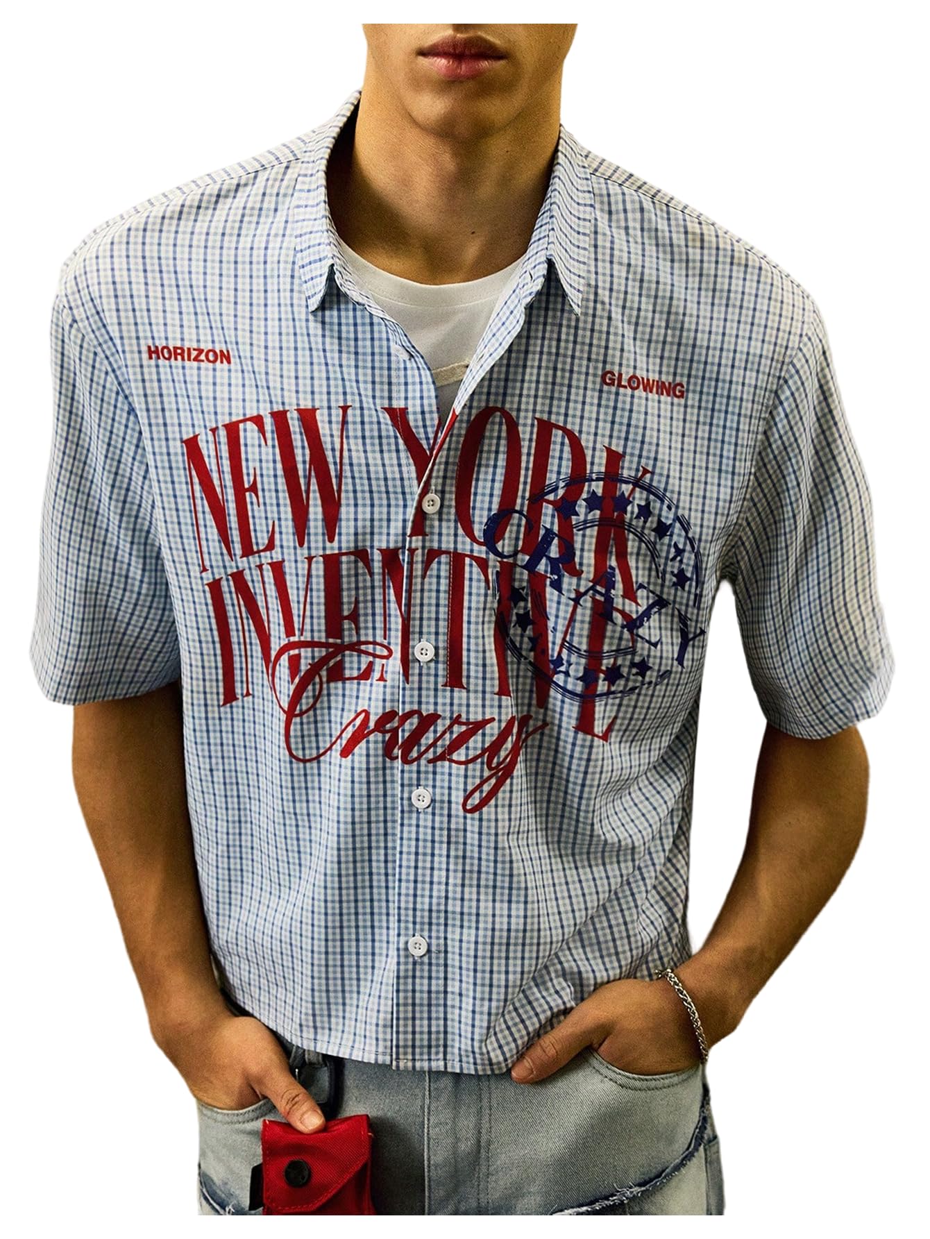 HOTGORGLITTER Men's Striped Button Down Up Cropped T Shirt Short Sleeve Letter Summer Vacation Shirts Boxy Tees Streetwear | Vintage Gingham Shirt, Drop Shoulder Crop Top, Y2K Streetwear, Summer Vacation Clothes