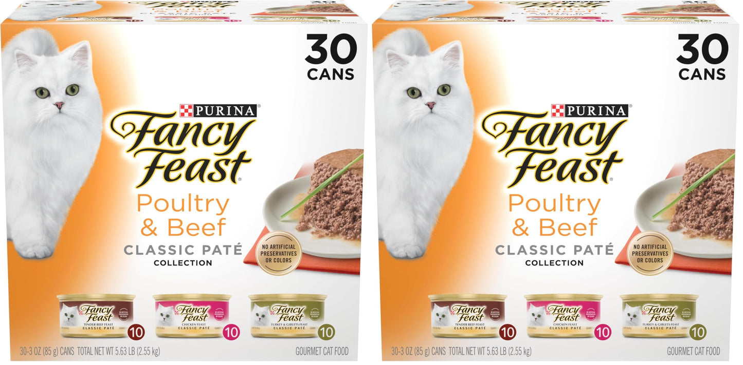 HOTFancy Feast Poultry and Beef Feast Classic Pate Collection Grain Free Wet Cat Food Variety Pack - (Pack of 30) 3 oz. Cans