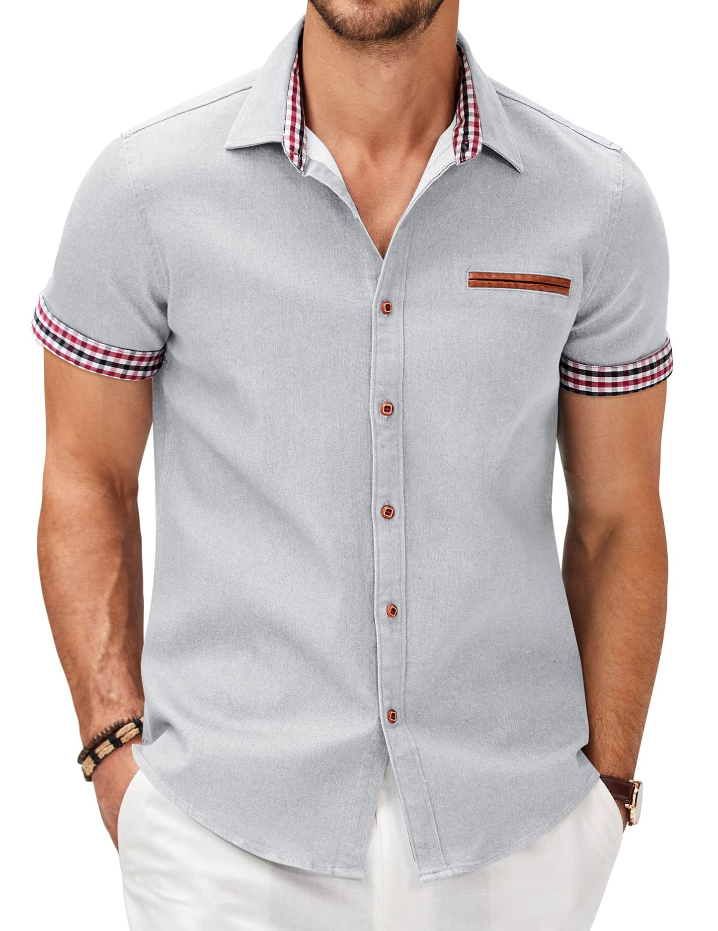 HOTCOOFANDY Men's Cotton Casual Short Sleeve Button Down Shirt Plaid Collar Denim Work Shirts