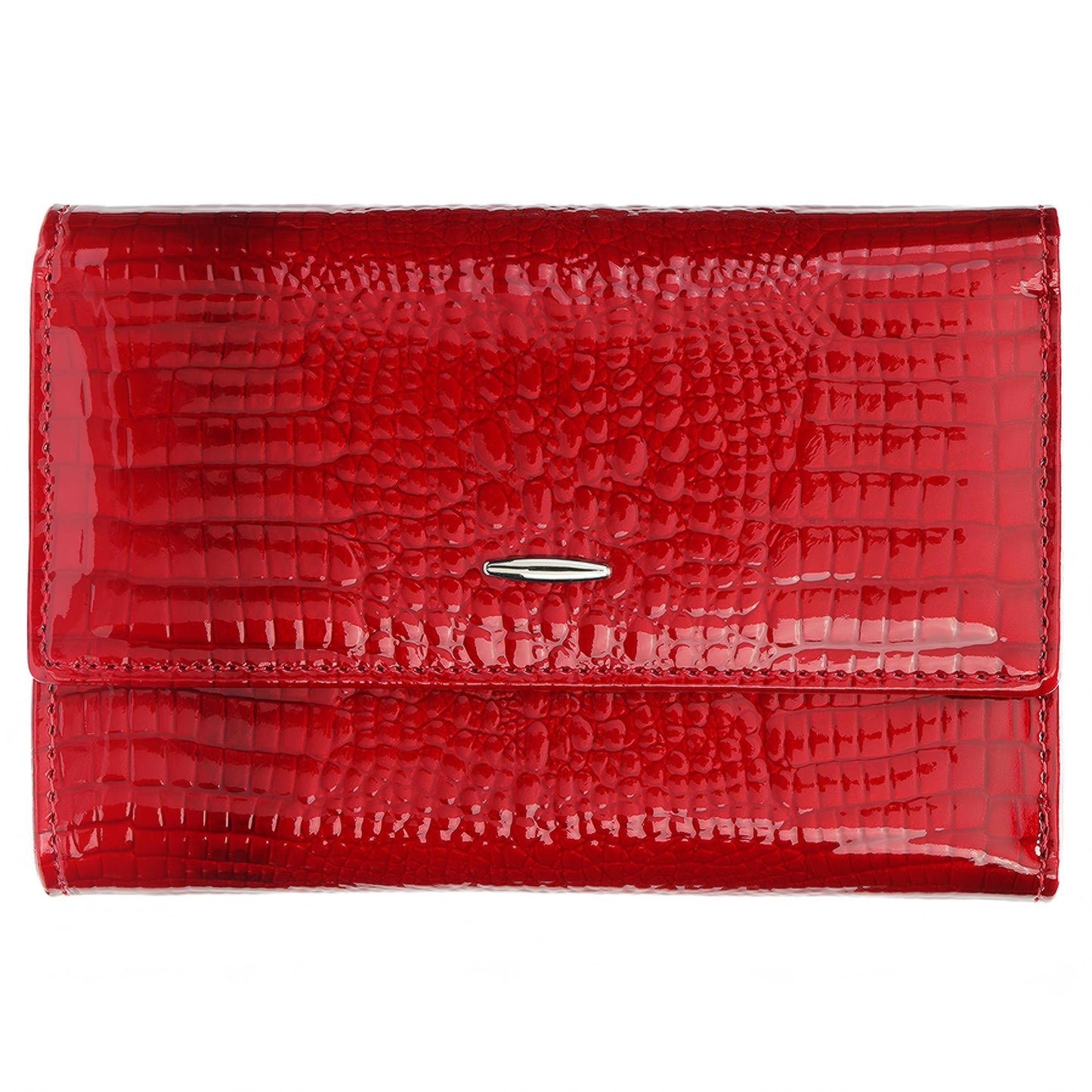 HOTWomen's Wallet Oil-waxed Genuine Leather, Crocodile Embossed Compact Bi-fold Wallet for Women with Magnetic Closure, Multi Card Slots, ID Window, Zipper Pockets (Red)