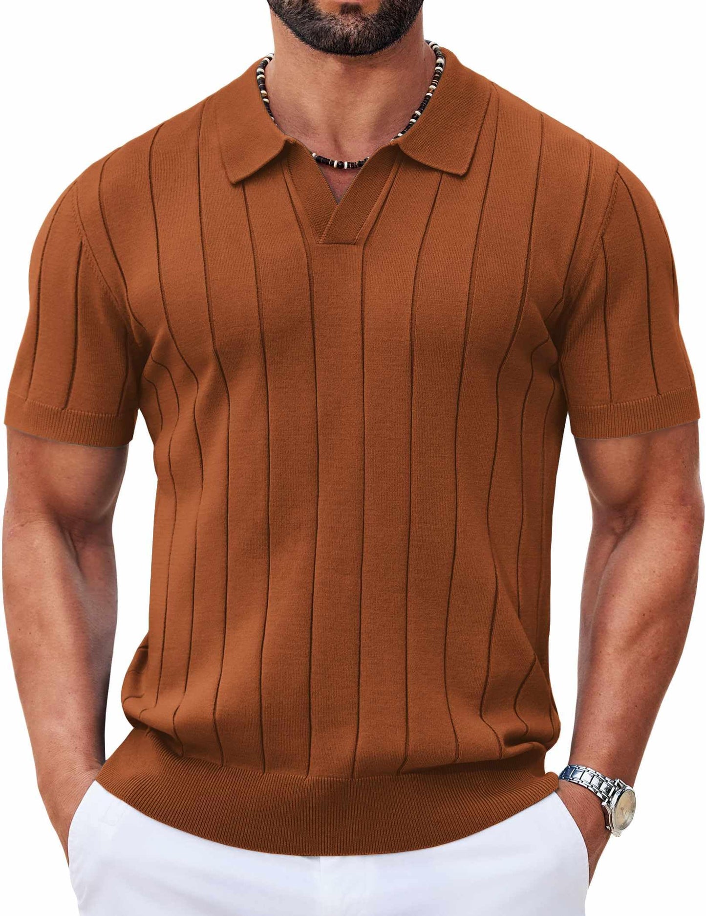 HOTCOOFANDY Mens Polo Shirts Short Sleeve V Neck Knit Shirts for Men Casual Old Money Clothes Mens Golf Shirt