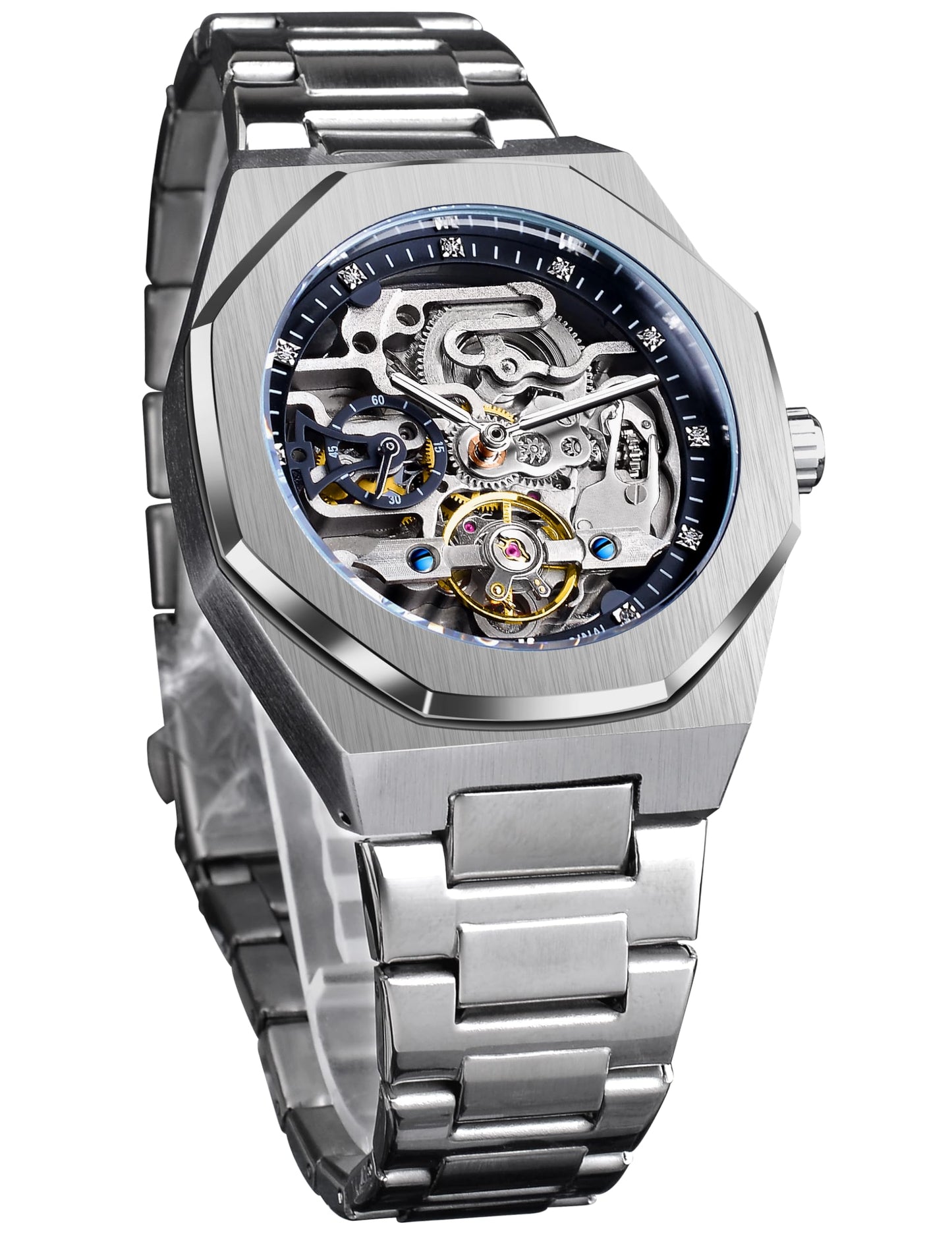 HOTFORSINING Vintage Watch for Men Engraved Automatic Self-Wind Mechanical Big Dial Luminous Moon Phase Golden Hollow Tattoo Pattern Wrist Watches, Mechanical