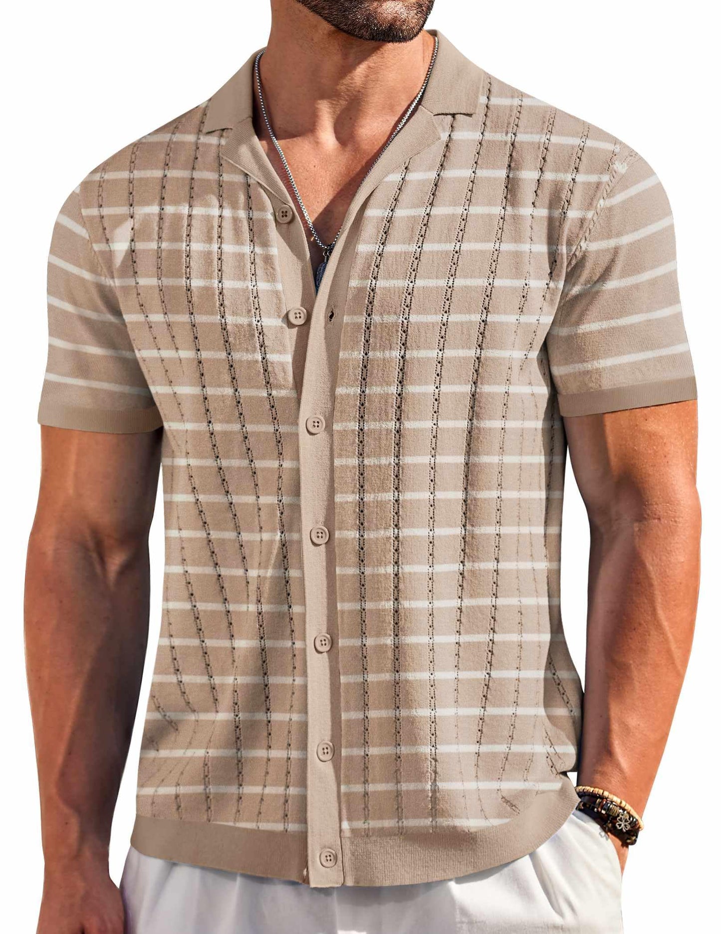 HOTCOOFANDY Men's Short Sleeve Knit Shirt Casual Button Down Shirt Vintage Striped Knitted Golf Beach Tops