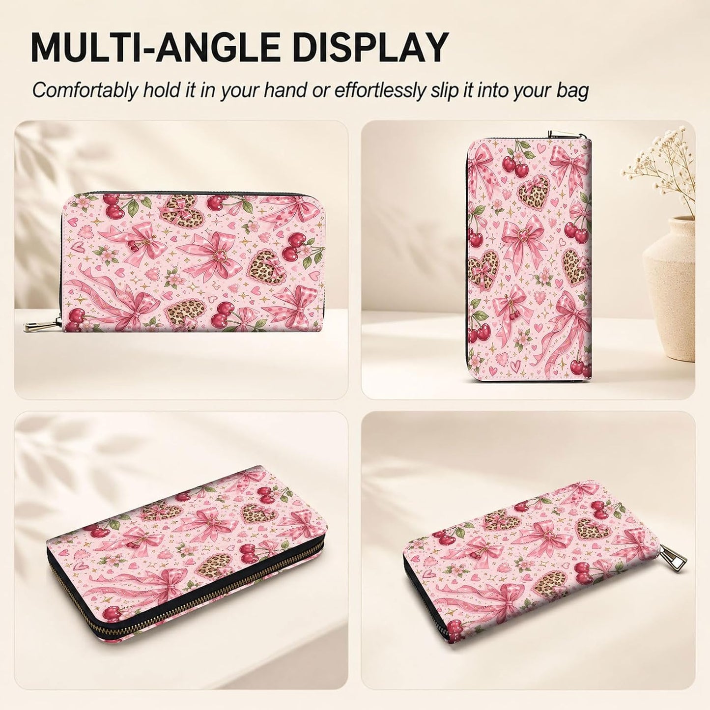 HOTWomens Wallet Large Capacity RFID Blocking Wristlet Wallets for Women Premium PU Leather Clutch Purse Phone Holder Travel Long Wallet, Gifts for Women Girls, Pink Bow Pattern