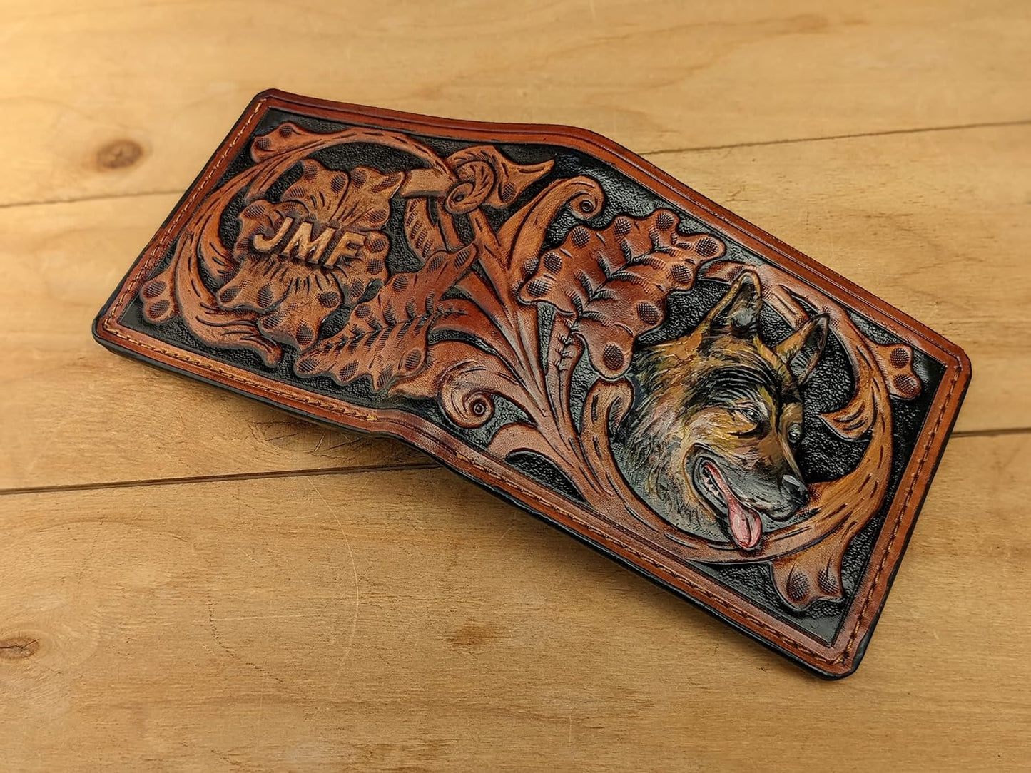 HOTGerman Shepherd, Dog, Puppy, Flower, Men's 3D Genuine Leather Wallet, Handmade wallet, Carved wallet, Tooled wallet, Airbrush Art, Bifold wallet, Custom wallet, Personalized wallet, A(5)
