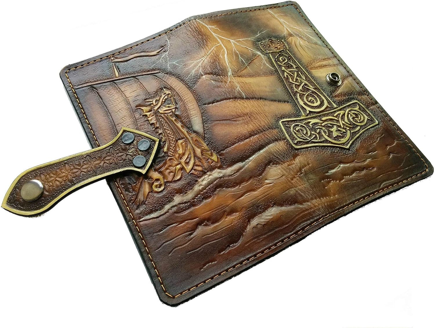 HOTKnarr, Viking Ship, Odin, Longship, Thor Hammer, Mjölnir, Men's 3D Genuine Leather Wallet, Long wallet, Biker Wallet, Handmade wallet, Carved wallet, Airbrush Art, Custom wallet, Personalized wallet