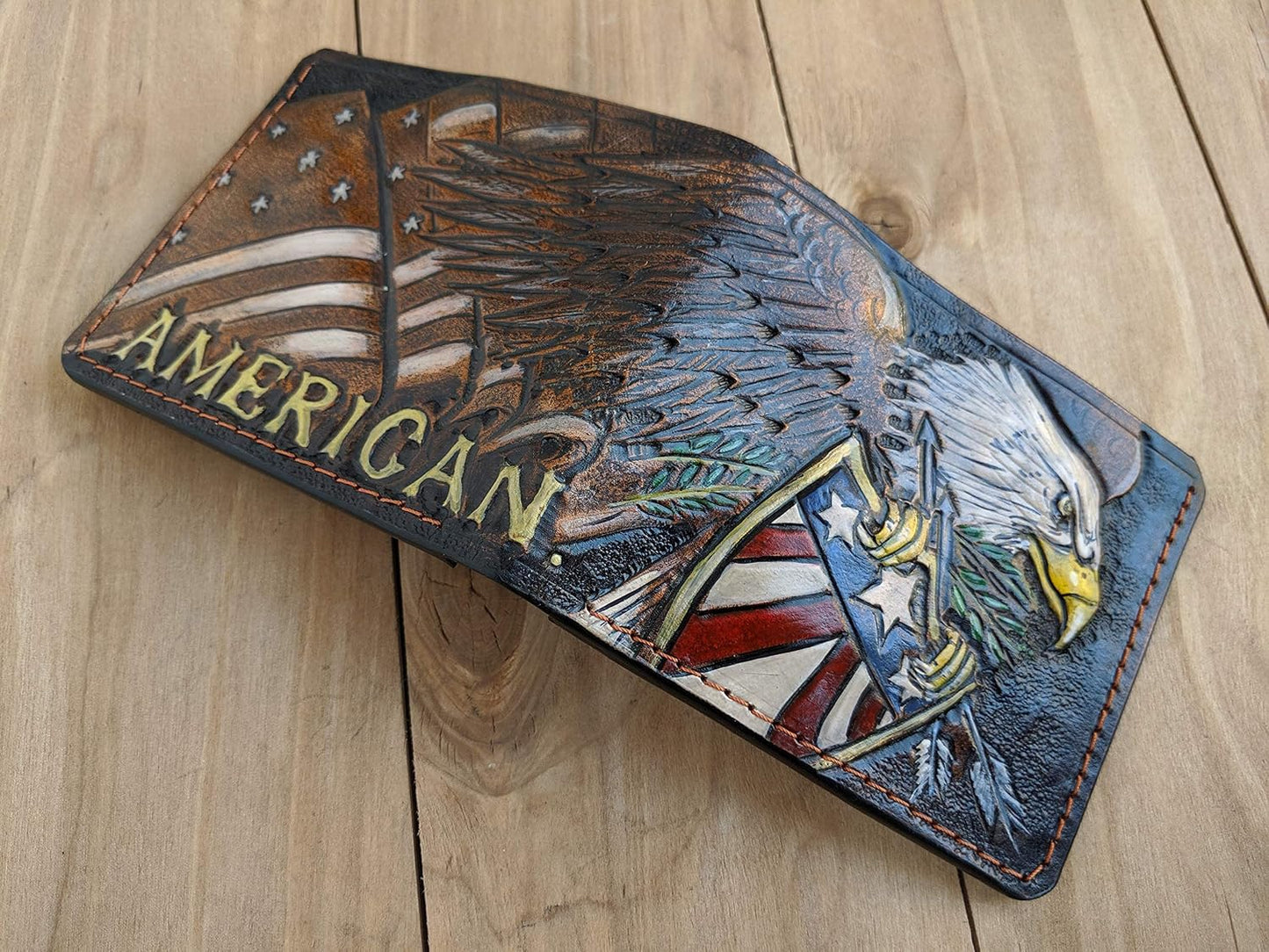 HOTAmerican Flag Bald Eagle Leather Wallet for Men – Patriotic USA Military Design – RFID Genuine Leather Bifold Biker Wallet, Embossed, Carved, Tooled & Painted Wallet, Custom Personalized Gift
