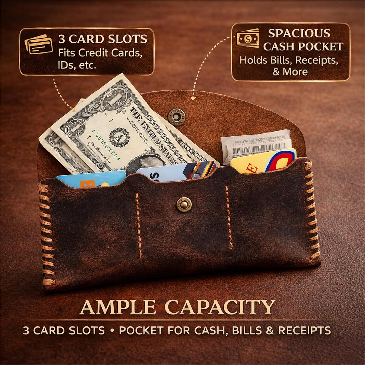 HOTGenuine Leather Currency Pouch Wallet, Slim Travel Money Organizer with 3 Card Slots & Snap Closure, Handmade Cash Holder for Bills & Cards, Money Bag for Men & Women, 8 x 4 in