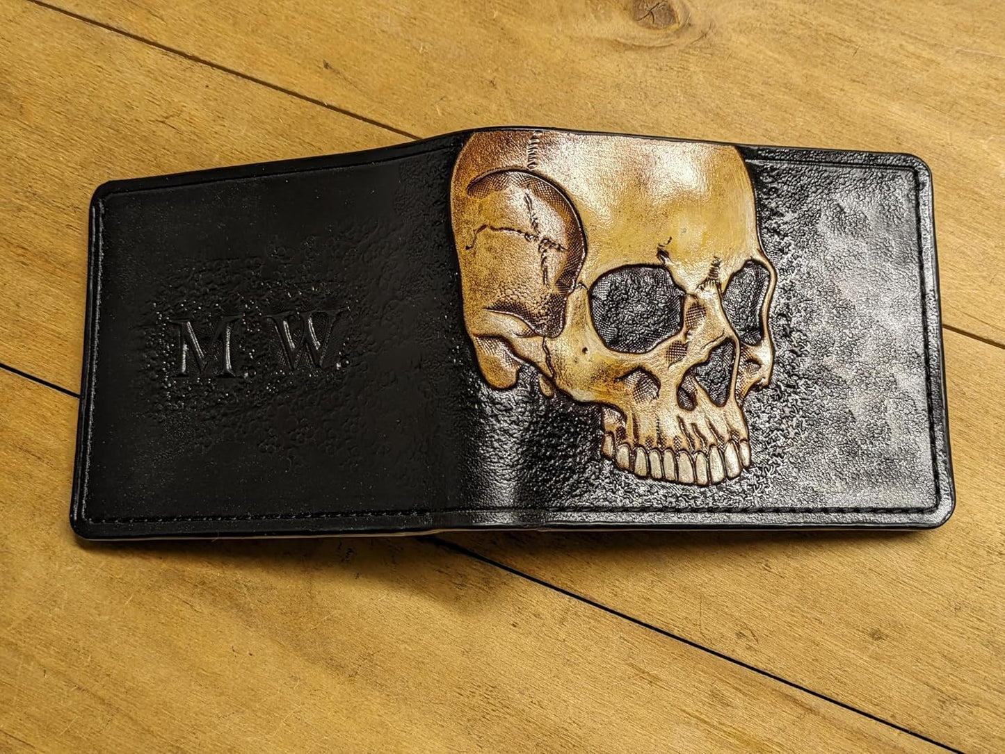 HOTTheodoros Gothic Skull Leather Wallet for Men – Dark Fantasy Skeleton Design – RFID Genuine Leather Bifold Biker Wallet, Embossed, Carved, Tooled & Painted Wallet, Custom Personalized Gift