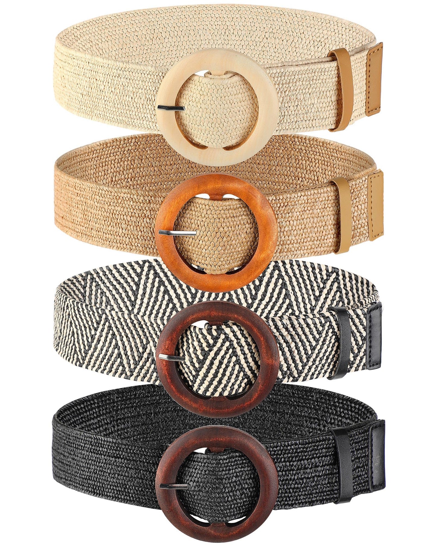 HOTWILLBOND 4 Pcs Women's Elastic Raffia Woven Belt, Boho Rattan Buckle Stretch Straw Wide Waist Belt for Dresses Jeans Pants