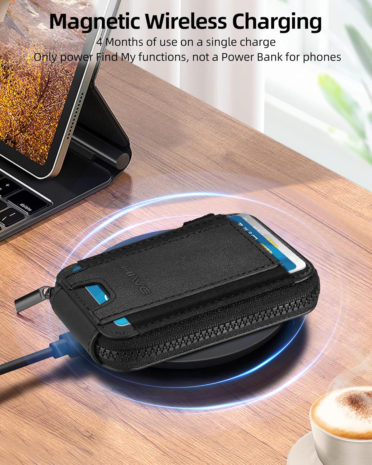 HOTSmall Wallet for Women with Rechargeable Find My Tracker Built-in, Zipper Accordion Credit Card Holder with Keyring, Anti-loss Fashion Minimalist Slim, Black