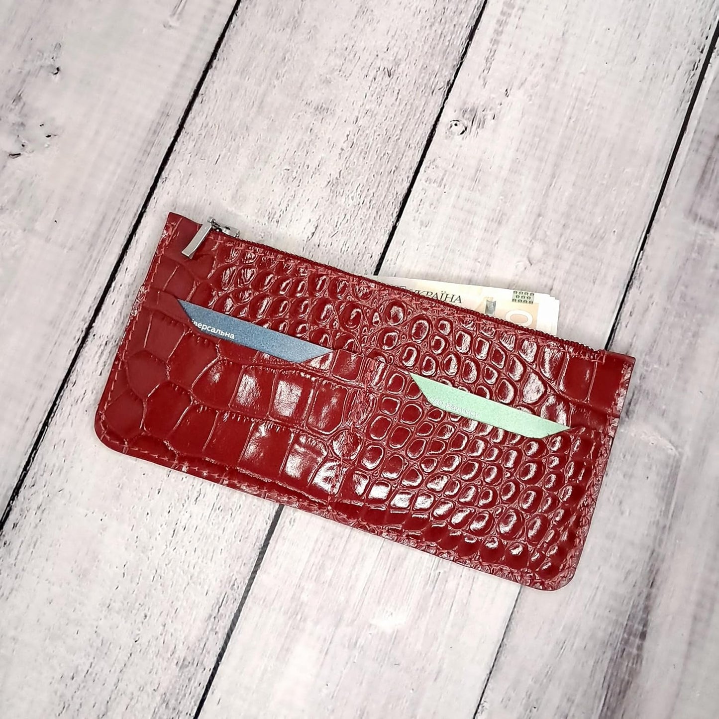 HOTINGVARR Unique Patent Slim Leather Wallet for women | Crocodile wallet | Gift For Her | Handmade wallet (Red)