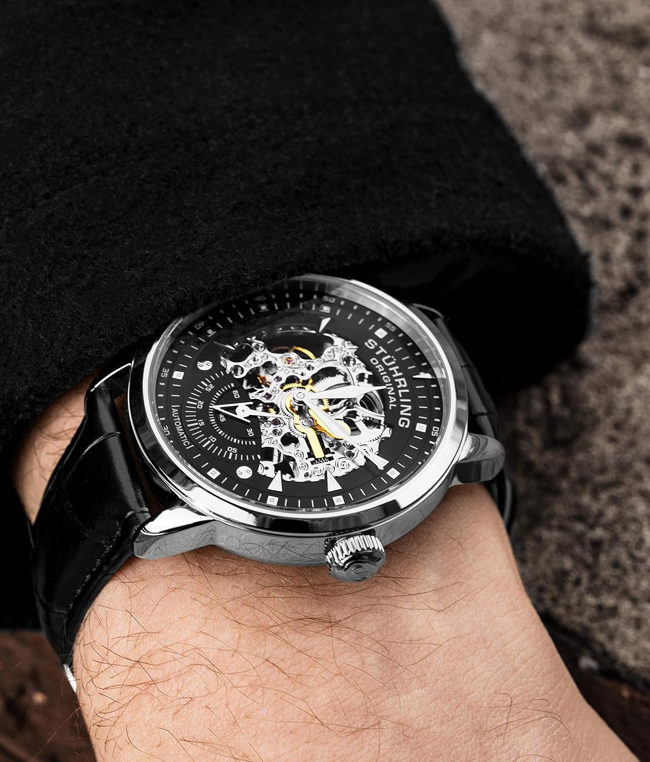 HOTStuhrling Original Mens Automatic Watch Skeleton Watches for Men - Black Leather Watch Strap Mechanical Watch Silver Executive Watch Collection (Black)