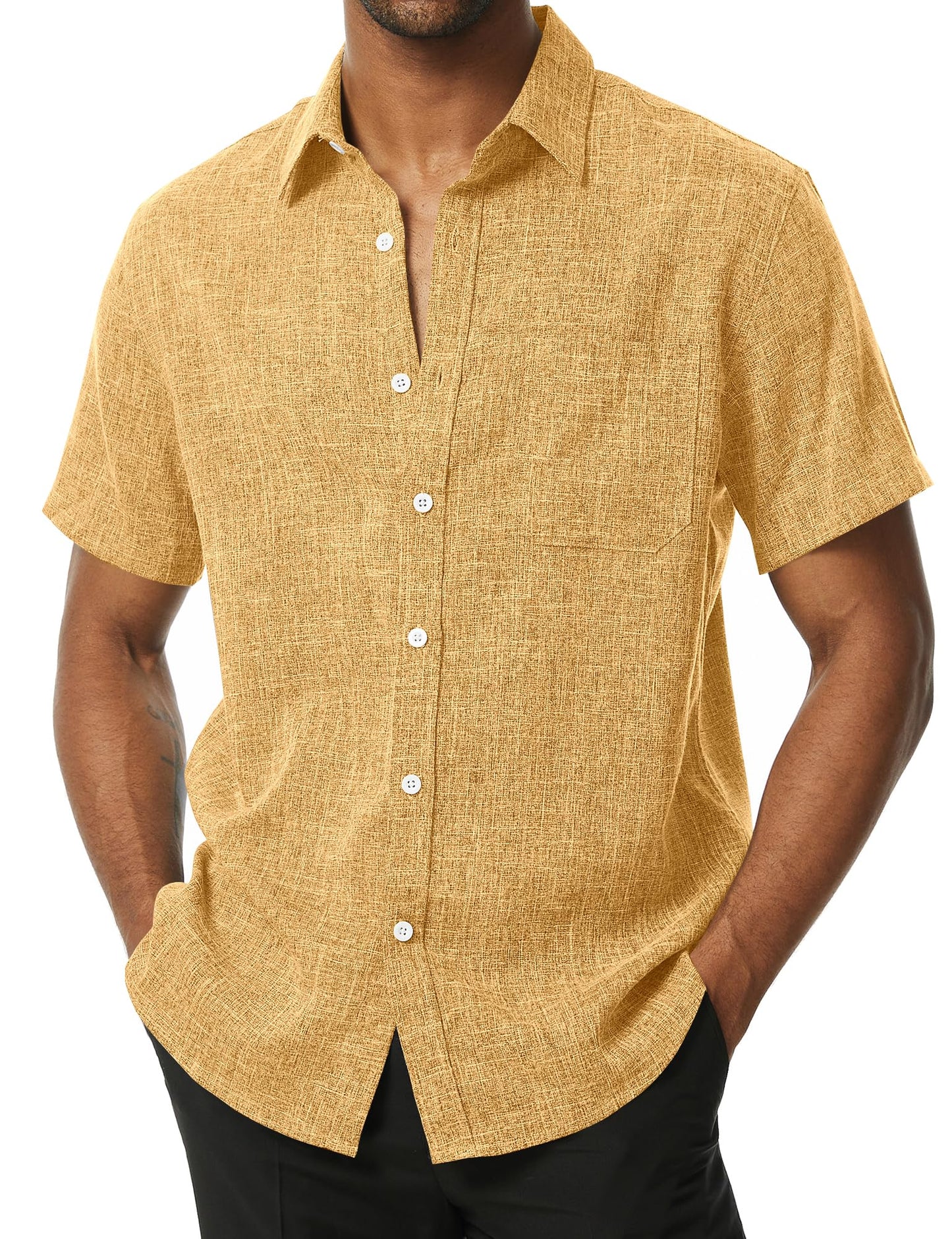 HOTPARKLEES Mens Wrinkle Free Short Sleeve Button Down Shirts Texture Linen Shirts Casual Vacation Beach Summer Tops