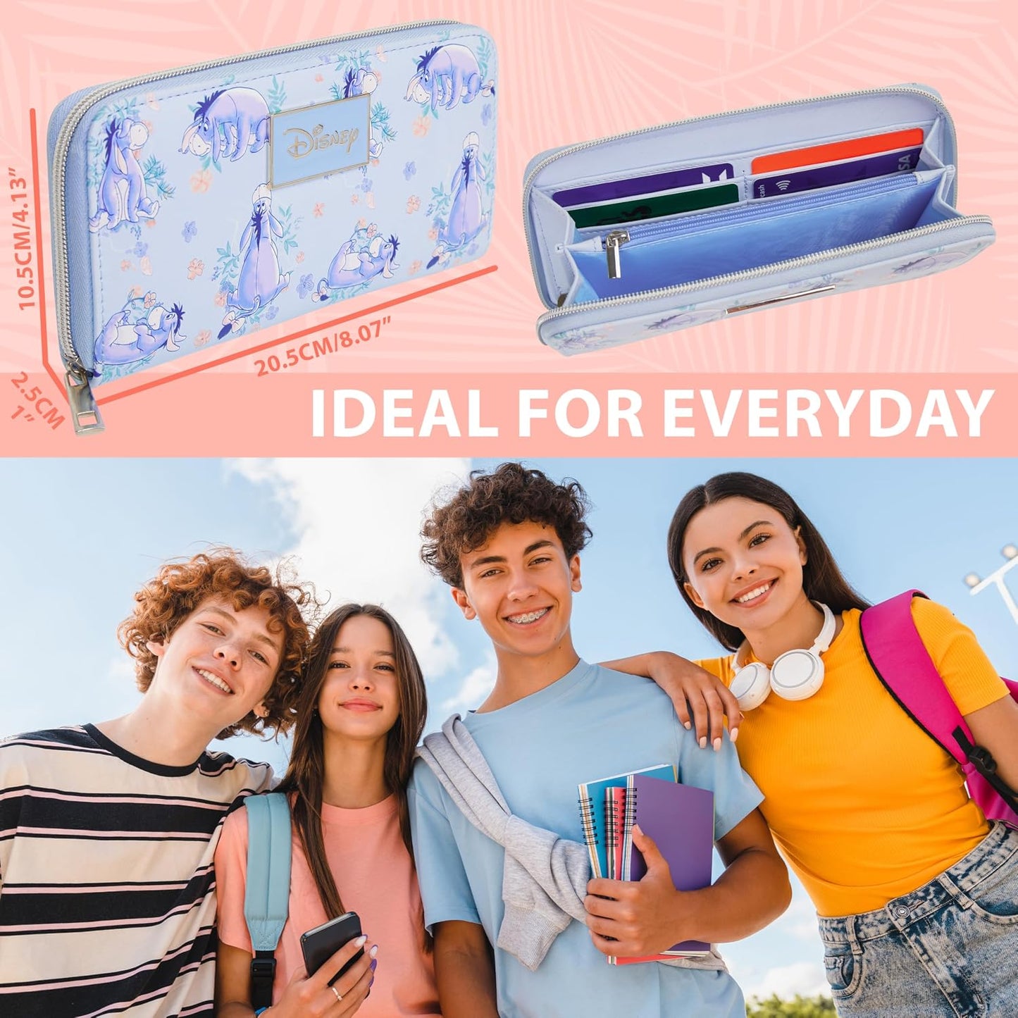 HOTDisney Eeyore Wallet Purses for Women, Teens, Card Holder, Coin Purse, Travel Wallet, Cute Zipper Long Clutch Accessory, Gifts for Women