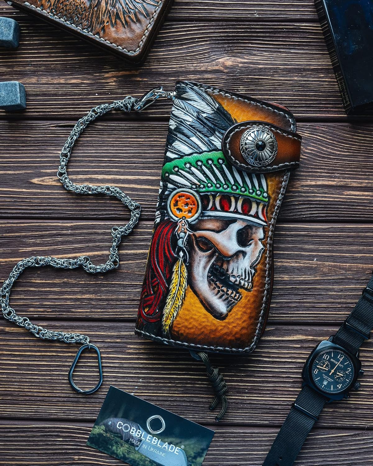 HOTMen's 3D Genuine Leather Wallet, Long wallet, Biker wallet, Hand-Carved, Hand-Painted, Leather Carving, Custom wallet, Personalized wallet, Indian Skull, Skeleton, Red Man, Native American