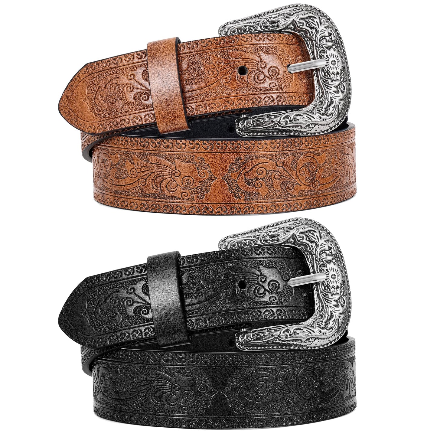 HOTWERFORU 2 Pack Women Western Leather Belts for Jeans Western Belts with Big Buckle Country Belts for Cowgirls