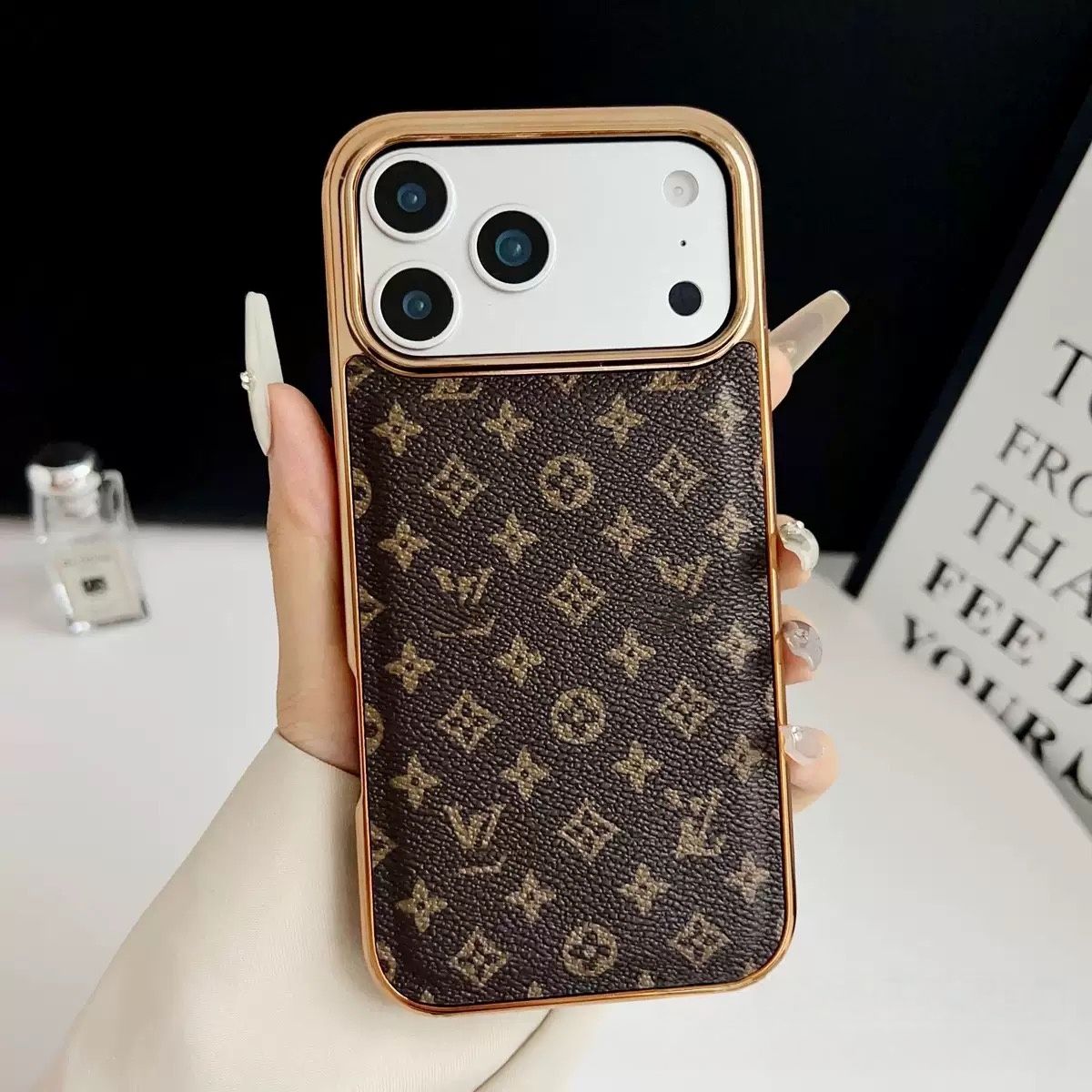 【#A569】Vintage Floral Print Leather Phone Case With Gold Plated Frame Large Window Shockproof Cover For iPhone