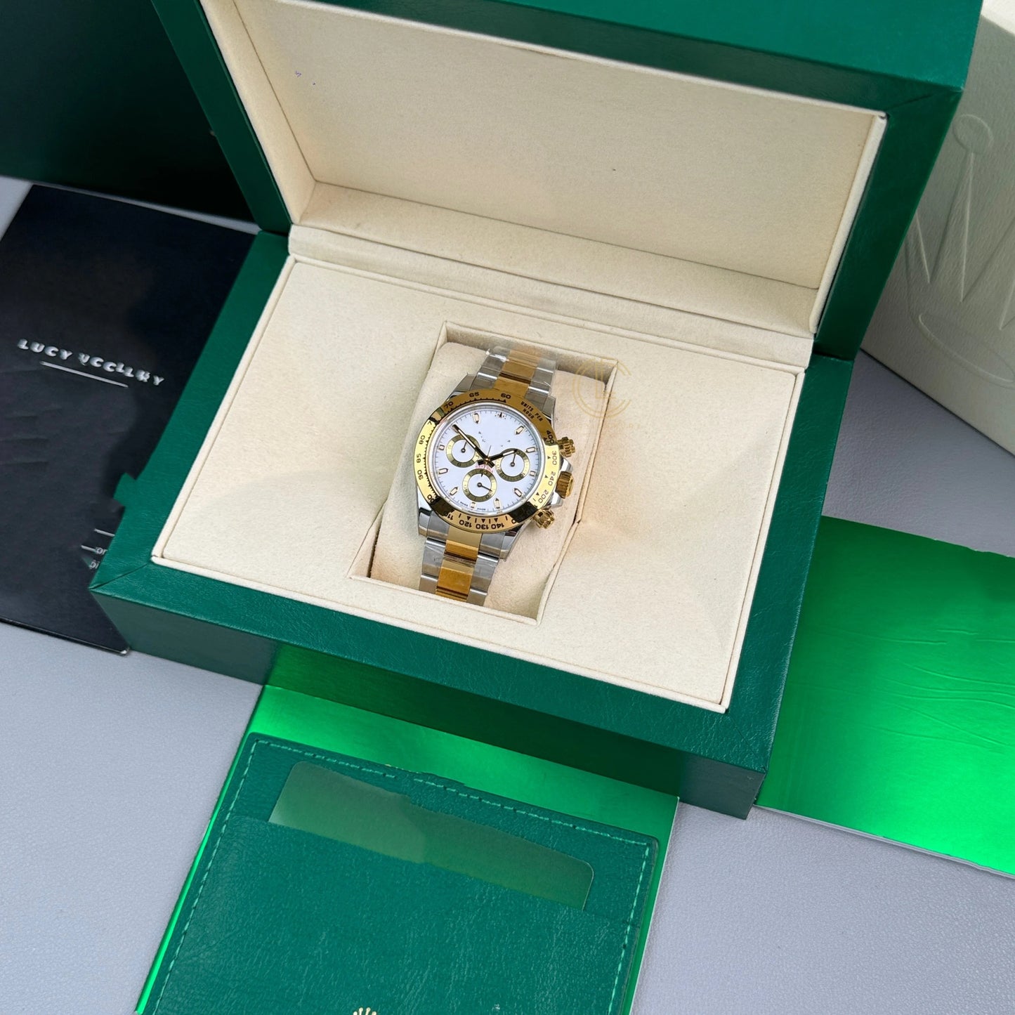 Sport Chronograph Two-Tone Watch, Panda Dial Men's Steel-Gold Band Wristwatch, Luxury Waterproof Chronograph