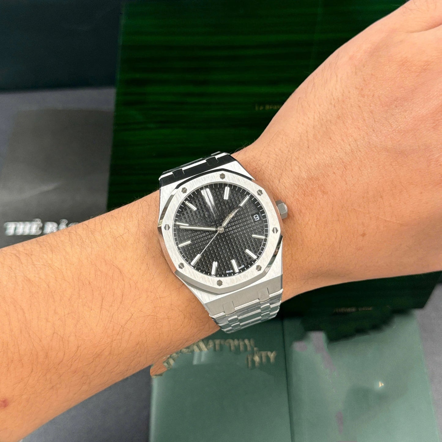 【#A288】Octagonal Steel Watch With Grid Dial & Date Window For Men