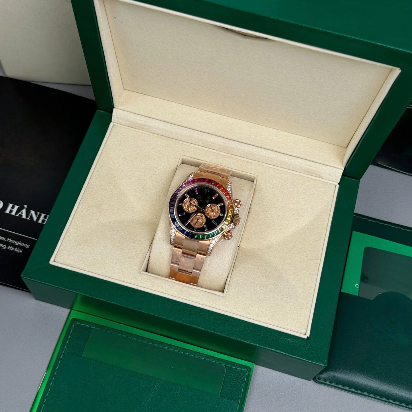 Rose Gold Rainbow Bezel Chronograph Watch