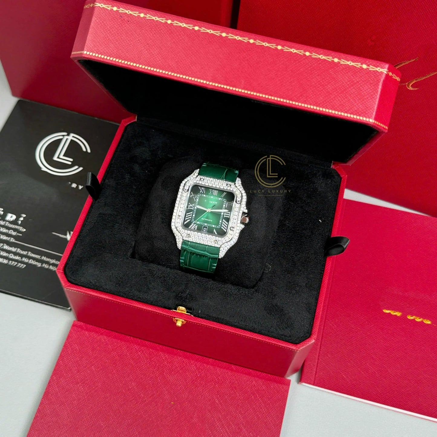 Square Full Diamond Automatic Watch with Green Dial and Leather Strap