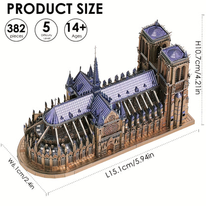 382pcs Notre Dame De Paris Church 3D Metal Puzzle for Adults - Challenging French Cathedral Brain Teaser Architecture Building Blocks Kit